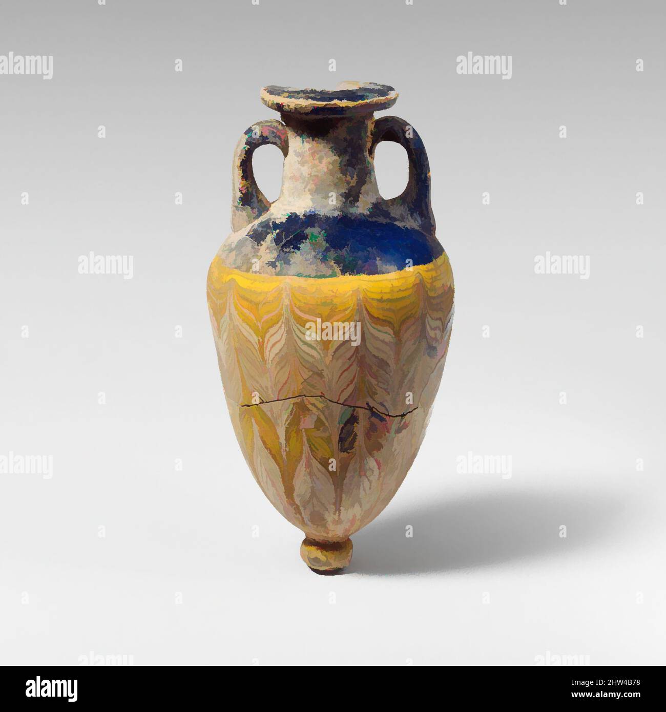 Art inspired by Glass amphoriskos (perfume bottle), Late Classical or Hellenistic, 4th–3rd century B.C., Greek, Eastern Mediterranean or Italian, Glass; core-formed, Group II, H.: 4 3/8 in. (11.1 cm), Glass, Translucent cobalt blue, with handles and base-knob in same color; trails in, Classic works modernized by Artotop with a splash of modernity. Shapes, color and value, eye-catching visual impact on art. Emotions through freedom of artworks in a contemporary way. A timeless message pursuing a wildly creative new direction. Artists turning to the digital medium and creating the Artotop NFT Stock Photo
