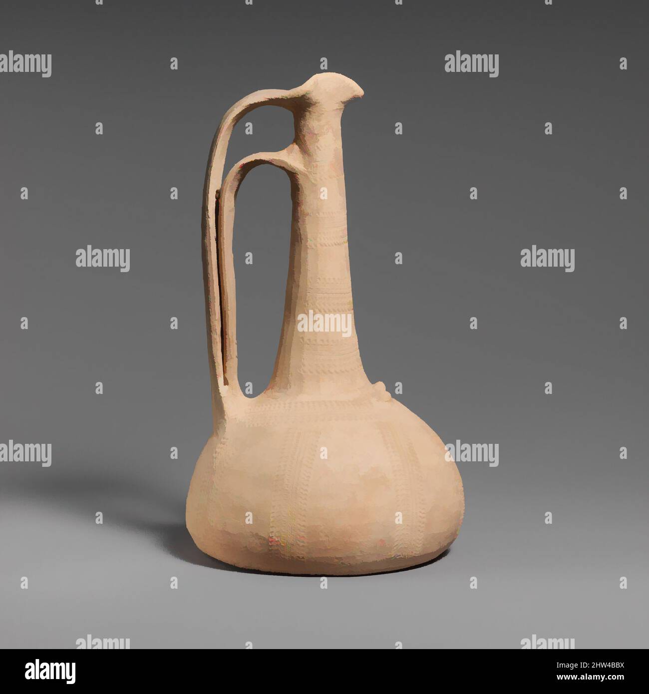 Art inspired by Terracotta conical lekythos-oinochoe (combination oil flask and jug), Geometric, late 8th–early 7th century B.C., Greek, Attic, Terracotta, H. 8 9/16 in. (21.7 cm), Vases, Classic works modernized by Artotop with a splash of modernity. Shapes, color and value, eye-catching visual impact on art. Emotions through freedom of artworks in a contemporary way. A timeless message pursuing a wildly creative new direction. Artists turning to the digital medium and creating the Artotop NFT Stock Photo