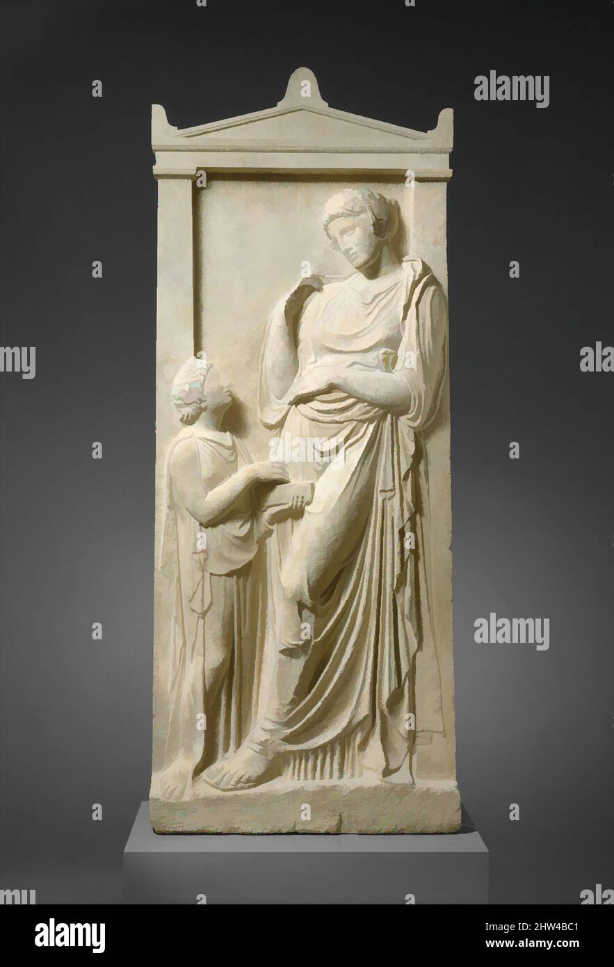 Art inspired by Marble grave stele of a young woman and servant, Classical, ca. 400–390 B.C., Greek, Attic, Marble, Pentelic, H. 70 1/16 in. (178 cm), Stone Sculpture, The young woman leans against the framing pilaster of her grave stele in a pose that may have been inspired by a, Classic works modernized by Artotop with a splash of modernity. Shapes, color and value, eye-catching visual impact on art. Emotions through freedom of artworks in a contemporary way. A timeless message pursuing a wildly creative new direction. Artists turning to the digital medium and creating the Artotop NFT Stock Photo