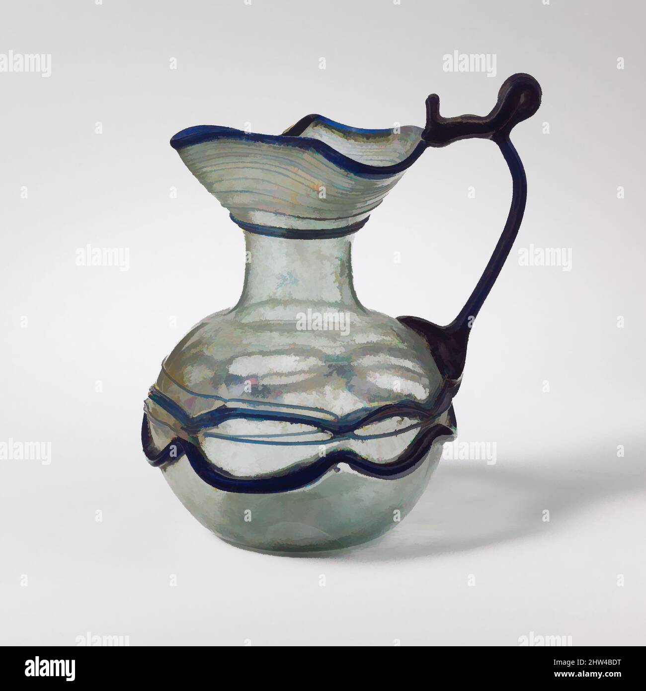 Art inspired by Glass jug with trefoil rim, Late Imperial or Early Byzantine, 5th–6th century A.D. or later, Roman, Syrian, Glass; blown, trailed, and tooled, H.: 4 3/16 in. (10.7 cm), Glass, Translucent blue green; handle and trails in translucent cobalt blue., Trefoil rim with, Classic works modernized by Artotop with a splash of modernity. Shapes, color and value, eye-catching visual impact on art. Emotions through freedom of artworks in a contemporary way. A timeless message pursuing a wildly creative new direction. Artists turning to the digital medium and creating the Artotop NFT Stock Photo