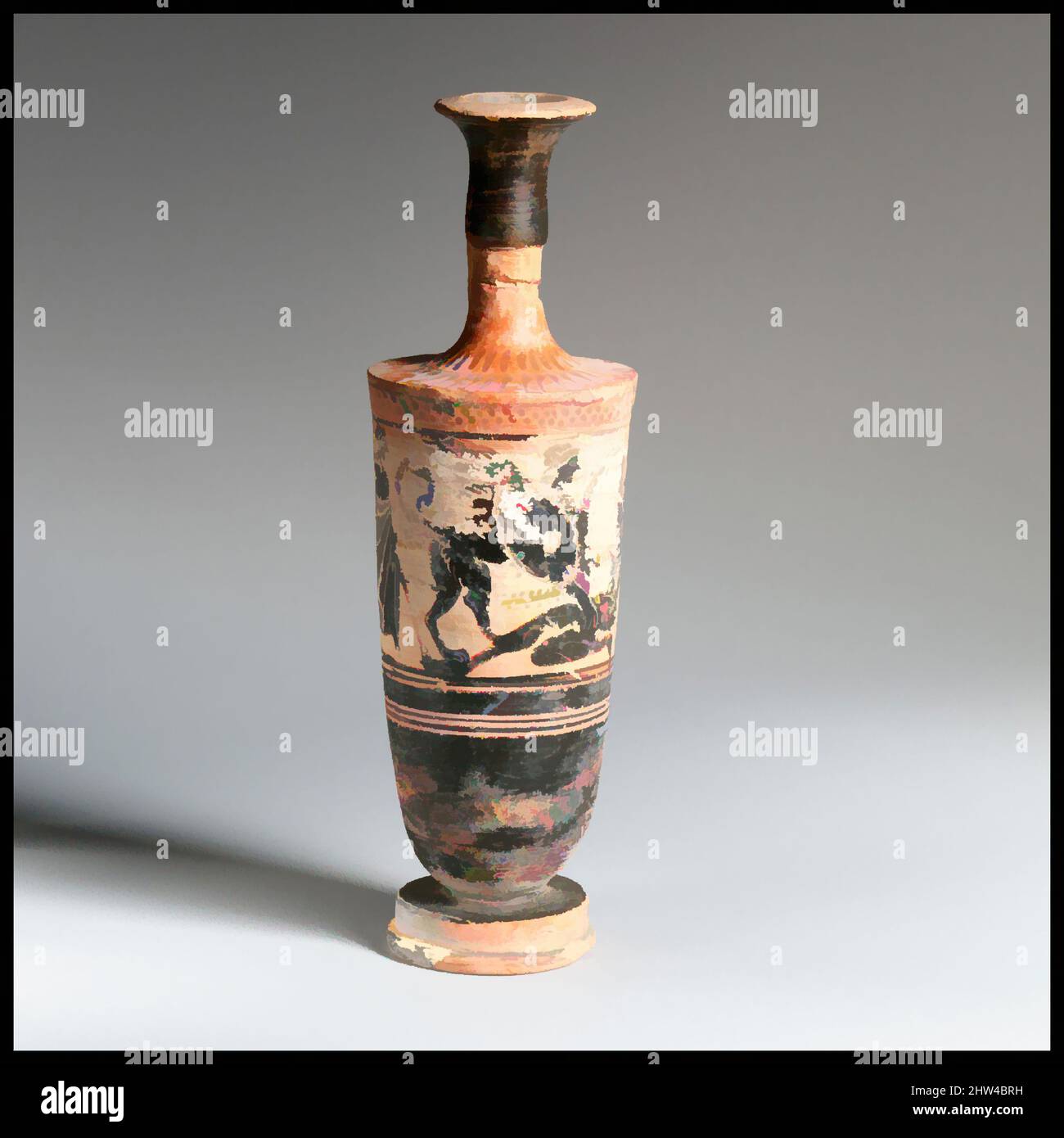 Art inspired by Terracotta lekythos (oil flask), Archaic, 1st quarter of 5th century B.C., Greek, Attic, Terracotta; black-figure, white-ground, Overall: 7 1/16in. (18cm), Vases, Sphinx seizing youth, Classic works modernized by Artotop with a splash of modernity. Shapes, color and value, eye-catching visual impact on art. Emotions through freedom of artworks in a contemporary way. A timeless message pursuing a wildly creative new direction. Artists turning to the digital medium and creating the Artotop NFT Stock Photo