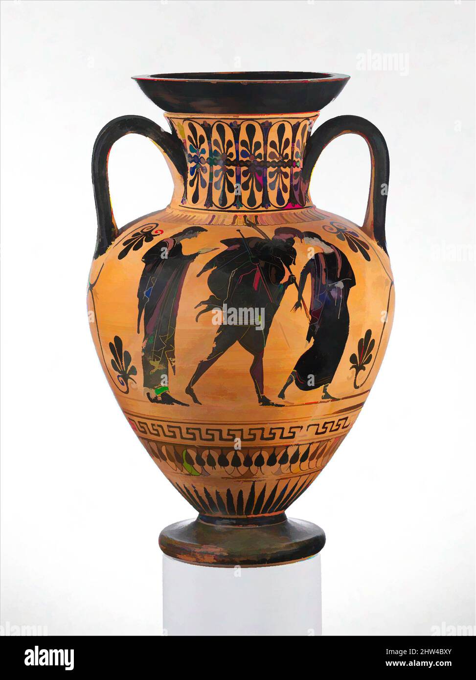 Art inspired by Terracotta neck-amphora (jar), Archaic, last quarter of 6th century B.C., Greek, Attic, Terracotta; black-figure, H. 16 1/8 in. (41 cm), Vases, Obverse, Aeneas and Anchises, Reverse, departure of a hoplite and archer. Aeneas is fleeing Troy carrying his aged father on, Classic works modernized by Artotop with a splash of modernity. Shapes, color and value, eye-catching visual impact on art. Emotions through freedom of artworks in a contemporary way. A timeless message pursuing a wildly creative new direction. Artists turning to the digital medium and creating the Artotop NFT Stock Photo