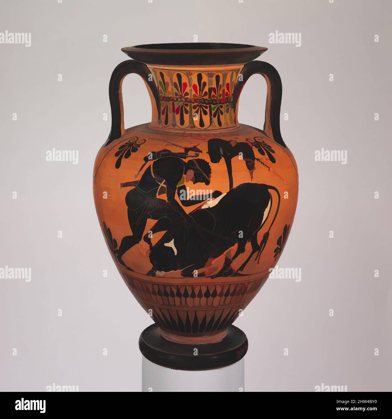 Art inspired by Terracotta neck-amphora (jar) with Herakles and a bull, Archaic, ca. 520–510 B.C., Greek, Attic, Terracotta; black-figure, H. 15 5/8 in. (39.8 cm)., Vases, Both sides illustrate the same scene. Herakles, having forced the Cretan bull down on one knee, tightens a rope, Classic works modernized by Artotop with a splash of modernity. Shapes, color and value, eye-catching visual impact on art. Emotions through freedom of artworks in a contemporary way. A timeless message pursuing a wildly creative new direction. Artists turning to the digital medium and creating the Artotop NFT Stock Photo