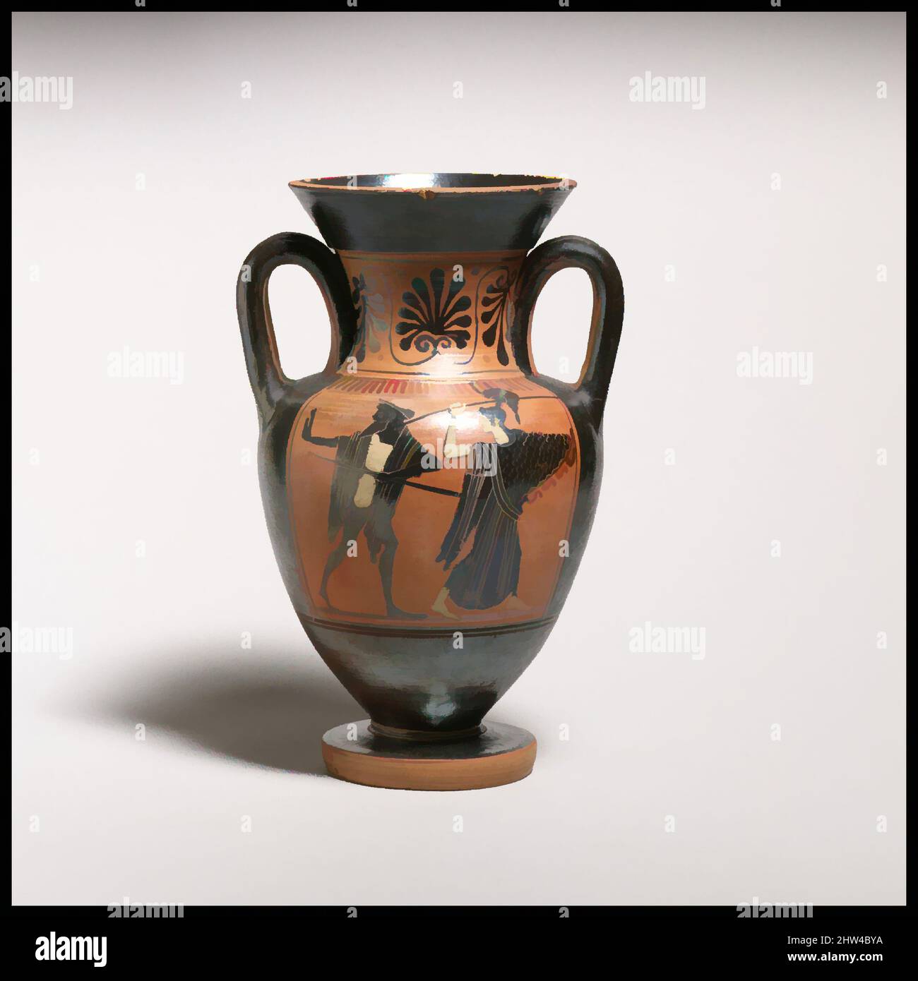 Art inspired by Terracotta neck-amphora (jar) with double handles, Archaic, ca. 500 B.C., Greek, Attic, Terracotta; black-figure, H. 6 7/8 in. (17.5 cm.), Vases, Obverse, Herakles and Kerberos at the house of Hades; meaningless inscriptions, Reverse, Hermes and Athena; meaningless, Classic works modernized by Artotop with a splash of modernity. Shapes, color and value, eye-catching visual impact on art. Emotions through freedom of artworks in a contemporary way. A timeless message pursuing a wildly creative new direction. Artists turning to the digital medium and creating the Artotop NFT Stock Photo