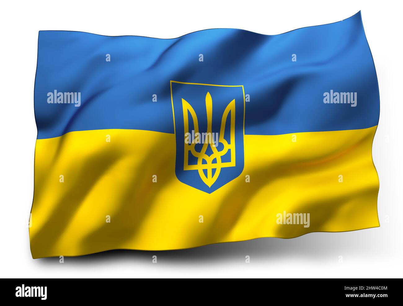 Waving flag of Ukraine, with coat of arms, isolated on white background Stock Photo