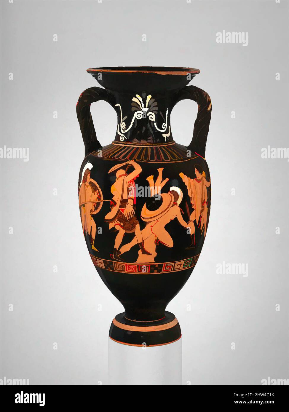 Art inspired by Terracotta neck-amphora (jar) with twisted handles, Classical, ca. 400 B.C., Greek, Attic, Terracotta; red-figure, H. 14 in. (35.5 cm), Vases, Obverse, combat of Greeks against Amazons, Reverse, satyr and maenad, followers of Dionysos, the god of wine, Classic works modernized by Artotop with a splash of modernity. Shapes, color and value, eye-catching visual impact on art. Emotions through freedom of artworks in a contemporary way. A timeless message pursuing a wildly creative new direction. Artists turning to the digital medium and creating the Artotop NFT Stock Photo