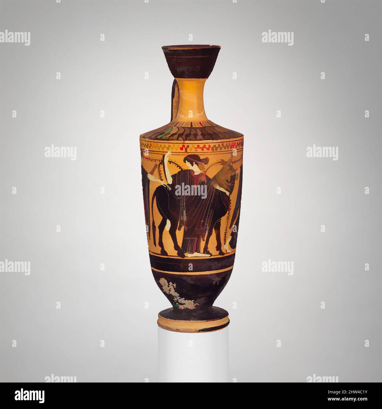 Art inspired by Terracotta lekythos (oil flask), Late Archaic, 1st quarter of 5th century B.C., Greek, Attic, Terracotta; black-figure, H. 7 7/8 in. (20 cm), Vases, Sacrificial procession with bull and three women, Classic works modernized by Artotop with a splash of modernity. Shapes, color and value, eye-catching visual impact on art. Emotions through freedom of artworks in a contemporary way. A timeless message pursuing a wildly creative new direction. Artists turning to the digital medium and creating the Artotop NFT Stock Photo
