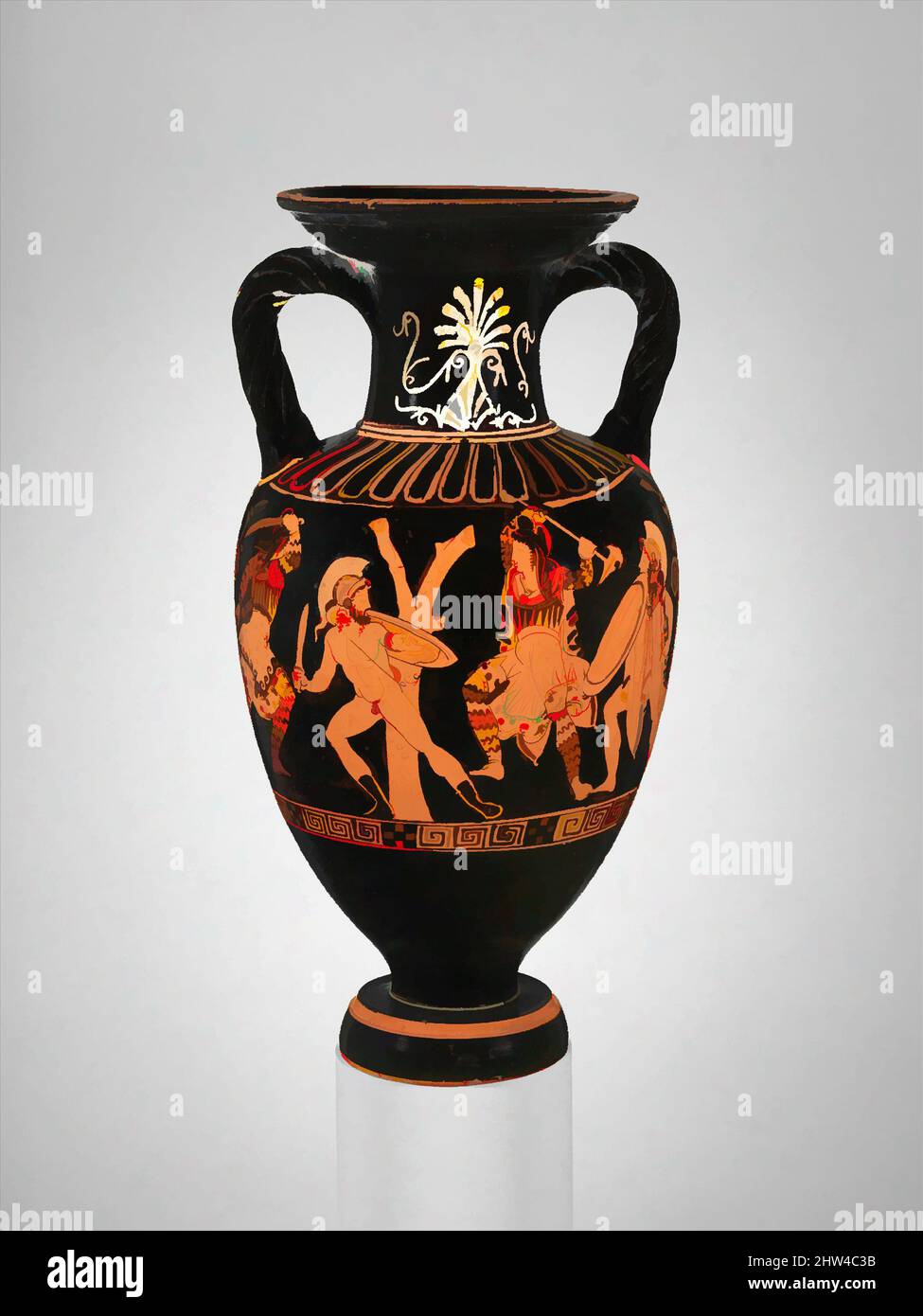 Art inspired by Terracotta neck-amphora (jar) with twisted handles, Classical, ca. 400 B.C., Greek, Attic, Terracotta; red-figure, H. 14 1/16 in. (35.8 cm), Vases, Obverse, combat of Greeks against Amazons, Reverse, three youths. This vase is complementary in its main scene to the, Classic works modernized by Artotop with a splash of modernity. Shapes, color and value, eye-catching visual impact on art. Emotions through freedom of artworks in a contemporary way. A timeless message pursuing a wildly creative new direction. Artists turning to the digital medium and creating the Artotop NFT Stock Photo