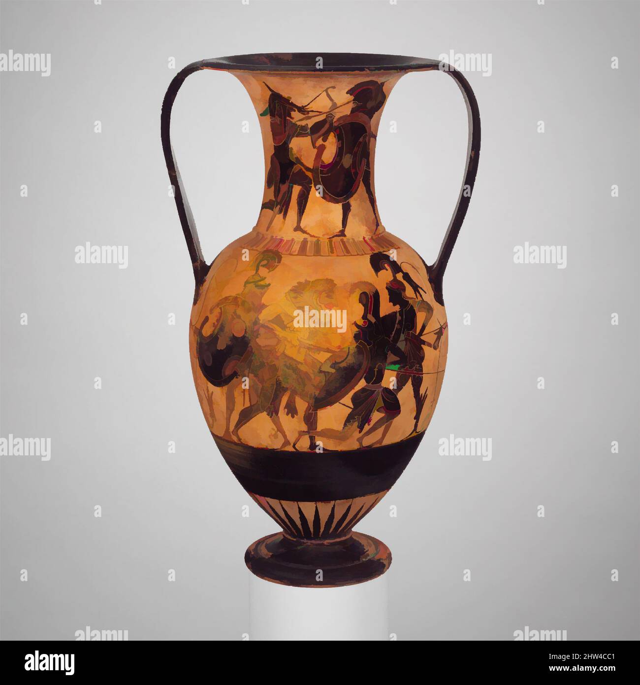 Art inspired by Terracotta neck-amphora of Nicosthenic shape (jar), Archaic, ca. 510 B.C., Greek, Attic, Terracotta; black-figure, H. 11 1/4 in. (28.5 cm); diameter of mouth 5 1/4 in. (13.3 cm); diameter of foot 3 3/8 in. (8.5 cm), Vases, Obverse, Herakles fighting Amazons; on the neck, Classic works modernized by Artotop with a splash of modernity. Shapes, color and value, eye-catching visual impact on art. Emotions through freedom of artworks in a contemporary way. A timeless message pursuing a wildly creative new direction. Artists turning to the digital medium and creating the Artotop NFT Stock Photo