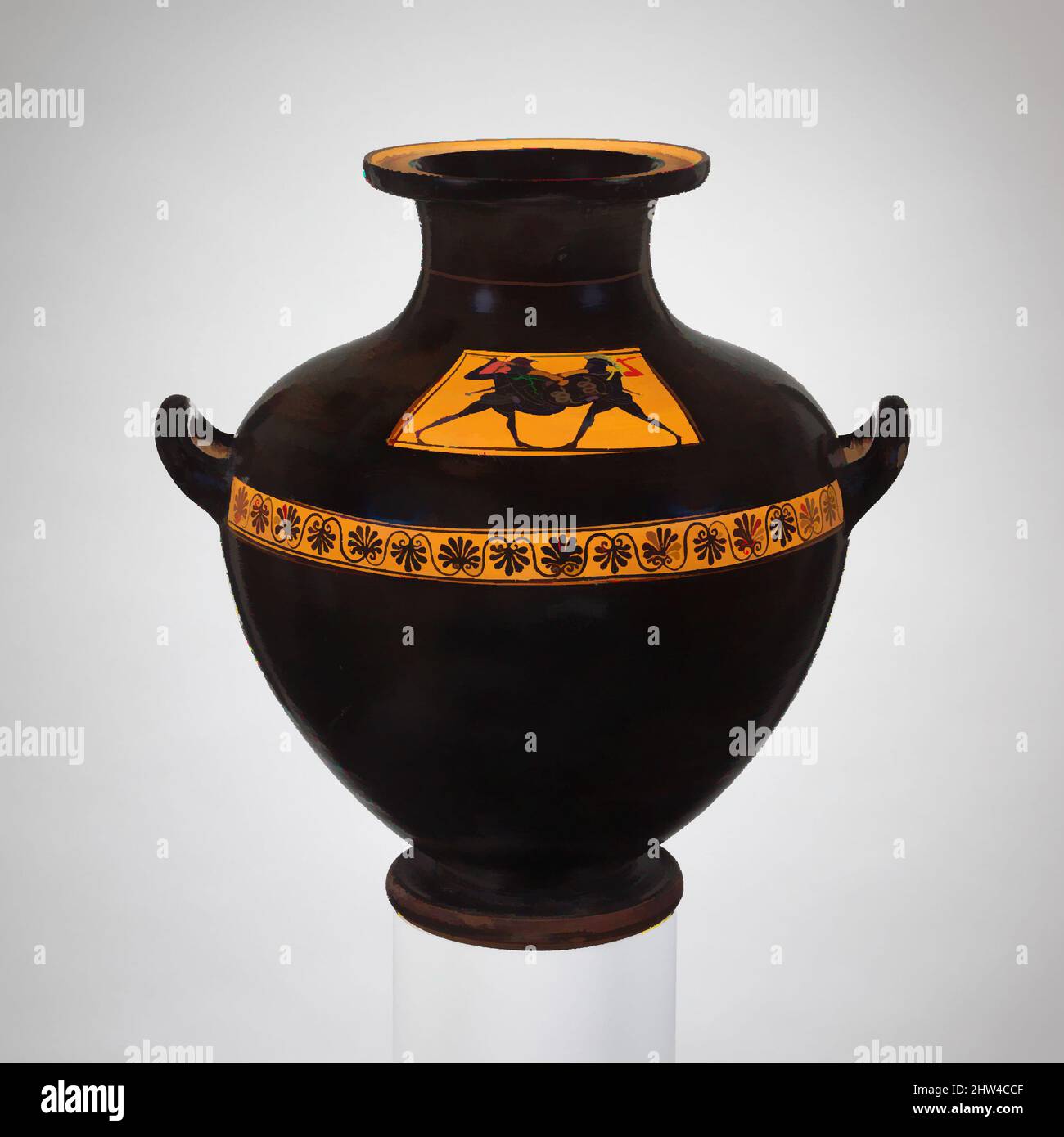 Art inspired by Terracotta hydria: kalpis (water jar), Archaic, ca. 510 B.C., Greek, Attic, Terracotta; black-figure, H. 13 in. (33 cm), Vases, On the shoulder, two warriors in combat. The shape and the glossy black glaze contribute decisively to the elegance and power of the hydria, Classic works modernized by Artotop with a splash of modernity. Shapes, color and value, eye-catching visual impact on art. Emotions through freedom of artworks in a contemporary way. A timeless message pursuing a wildly creative new direction. Artists turning to the digital medium and creating the Artotop NFT Stock Photo