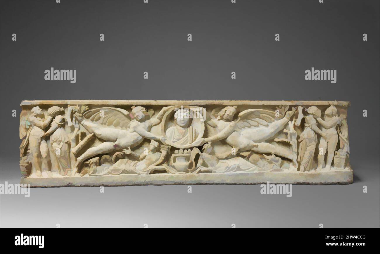 Art inspired by Marble sarcophagus with flying erotes holding a clipeus portrait, Severan, ca. A.D. 190–200, Roman, Marble, Proconnesian, Overall: 17 3/4 x 70 1/2 x 21 in. (45.1 x 179.1 x 53.3 cm), Stone Sculpture, The young beardless soldier commemorated in the portrait wears a, Classic works modernized by Artotop with a splash of modernity. Shapes, color and value, eye-catching visual impact on art. Emotions through freedom of artworks in a contemporary way. A timeless message pursuing a wildly creative new direction. Artists turning to the digital medium and creating the Artotop NFT Stock Photo