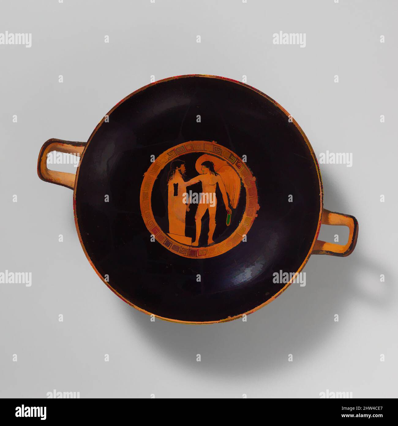 Art inspired by Terracotta kylix (drinking cup), Classical, mid-5th century B.C., Greek, Attic, Terracotta; red-figure, width 11 3/4in. (29.9cm); diameter 9in. (22.9cm), Vases, Interior, Eros at a herm, Exterior, obverse and reverse, banqueters. The earliest herms were square stone, Classic works modernized by Artotop with a splash of modernity. Shapes, color and value, eye-catching visual impact on art. Emotions through freedom of artworks in a contemporary way. A timeless message pursuing a wildly creative new direction. Artists turning to the digital medium and creating the Artotop NFT Stock Photo
