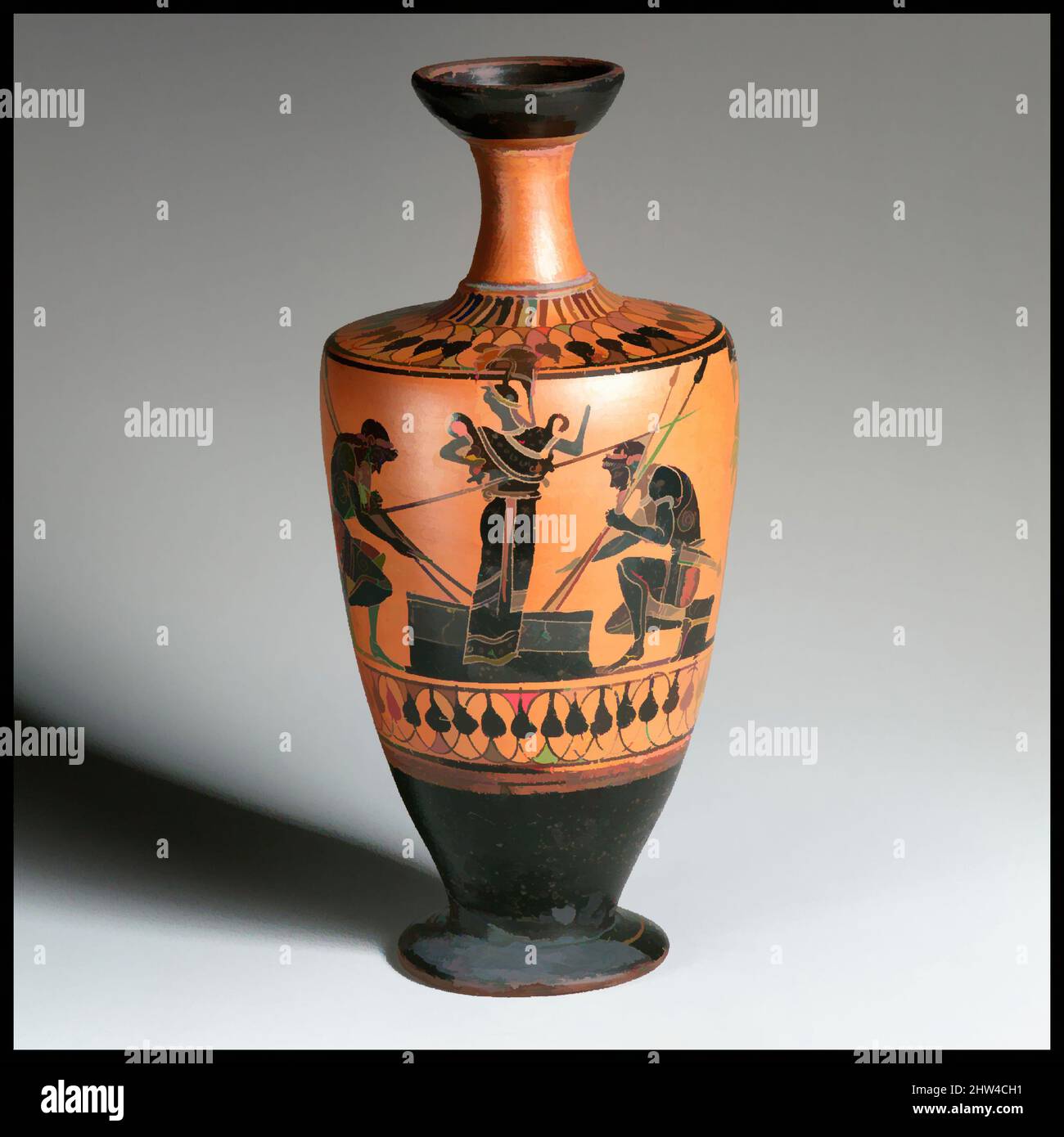 Art inspired by Terracotta lekythos (oil flask), Archaic, late 6th century B.C., Greek, Attic, Terracotta; black-figure, H. 8 in. (20.3 cm), Vases, Ajax and Achilles playing a board game, and Athena. During the second half of the sixth century B.C., a popular subject was that of the, Classic works modernized by Artotop with a splash of modernity. Shapes, color and value, eye-catching visual impact on art. Emotions through freedom of artworks in a contemporary way. A timeless message pursuing a wildly creative new direction. Artists turning to the digital medium and creating the Artotop NFT Stock Photo