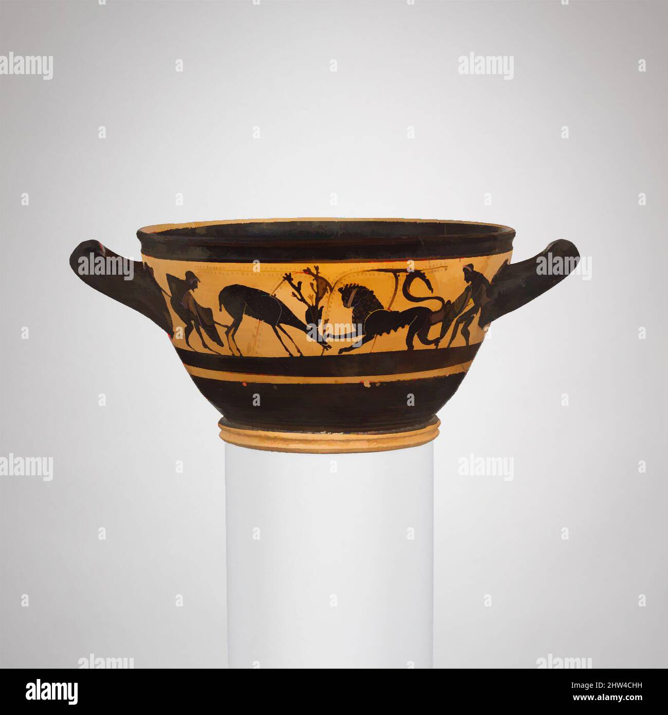 Art inspired by Terracotta skyphos (deep drinking cup), Archaic, ca. 500 B.C., Greek, Attic, Terracotta; black-figure, H. 4 3/16 in. (10.6 cm), Vases, Obverse, between hunters, lioness felling fallow deer, Reverse, between hunters, lion felling deer. This vase gives noteworthy, Classic works modernized by Artotop with a splash of modernity. Shapes, color and value, eye-catching visual impact on art. Emotions through freedom of artworks in a contemporary way. A timeless message pursuing a wildly creative new direction. Artists turning to the digital medium and creating the Artotop NFT Stock Photo