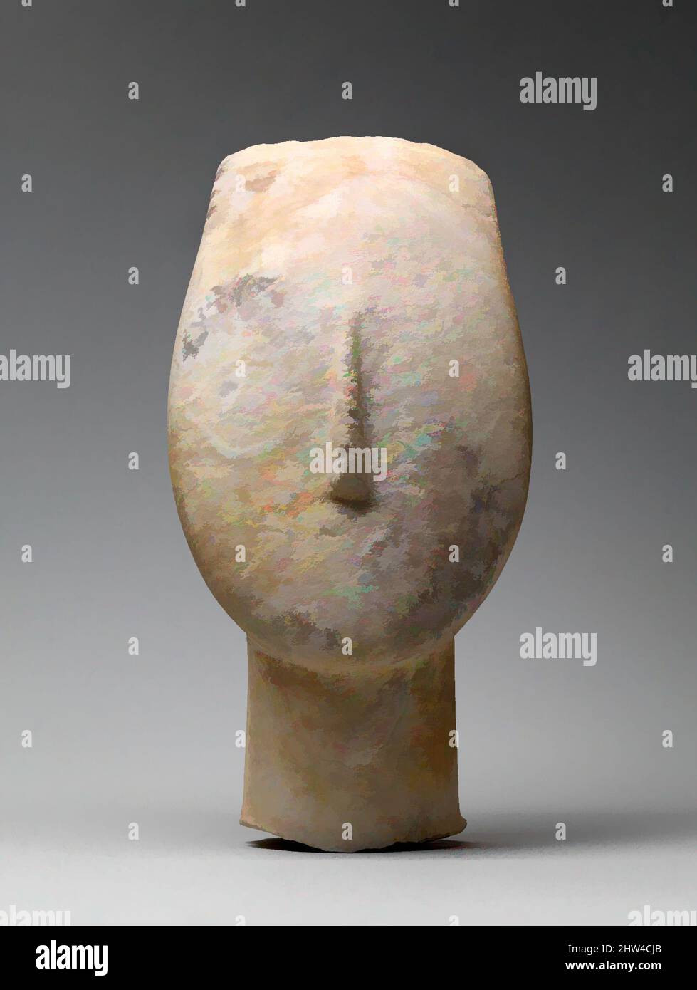 Art inspired by Marble head from the figure of a woman, Early Cycladic II, 2700–2500 B.C., Cycladic, Marble, H. 9 15/16 in. (25.3 cm), Stone Sculpture, The traces of eyes, in extremely low relief, indicate that they originally were rendered with pigment. The painted marble weathered, Classic works modernized by Artotop with a splash of modernity. Shapes, color and value, eye-catching visual impact on art. Emotions through freedom of artworks in a contemporary way. A timeless message pursuing a wildly creative new direction. Artists turning to the digital medium and creating the Artotop NFT Stock Photo