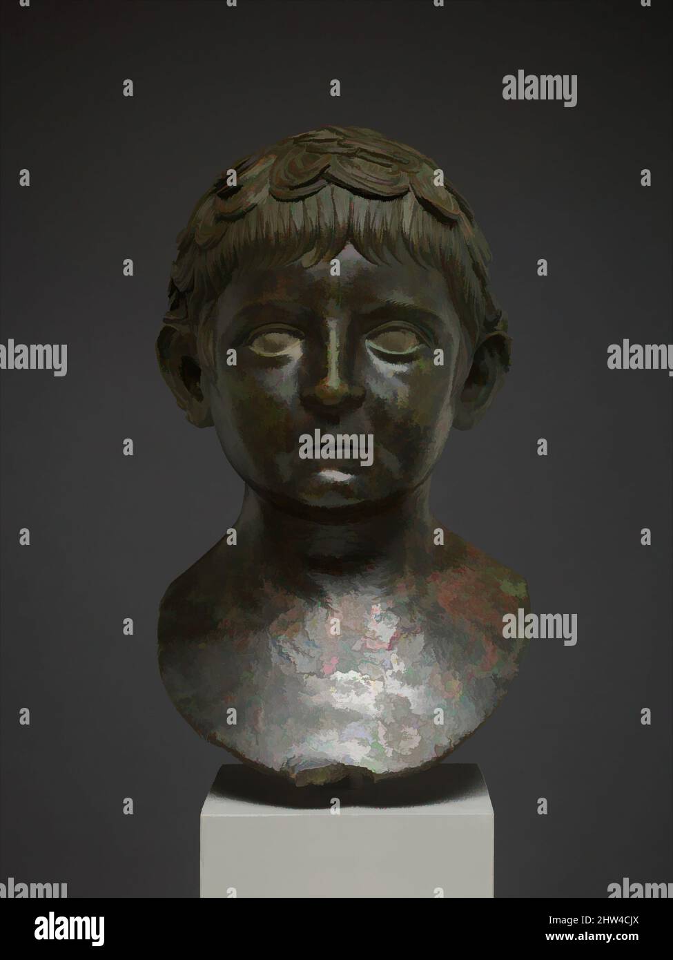 Art inspired by Bronze portrait bust of a young boy, Early Imperial, Julio-Claudian, ca. A.D. 50–68, Roman, Bronze, silver, H. 11 1/2 in. (29.2 cm), Bronzes, This life-size portrait bust of a young boy, originally affixed to a herm of wood or stone, was made by a gifted sculptor who, Classic works modernized by Artotop with a splash of modernity. Shapes, color and value, eye-catching visual impact on art. Emotions through freedom of artworks in a contemporary way. A timeless message pursuing a wildly creative new direction. Artists turning to the digital medium and creating the Artotop NFT Stock Photo