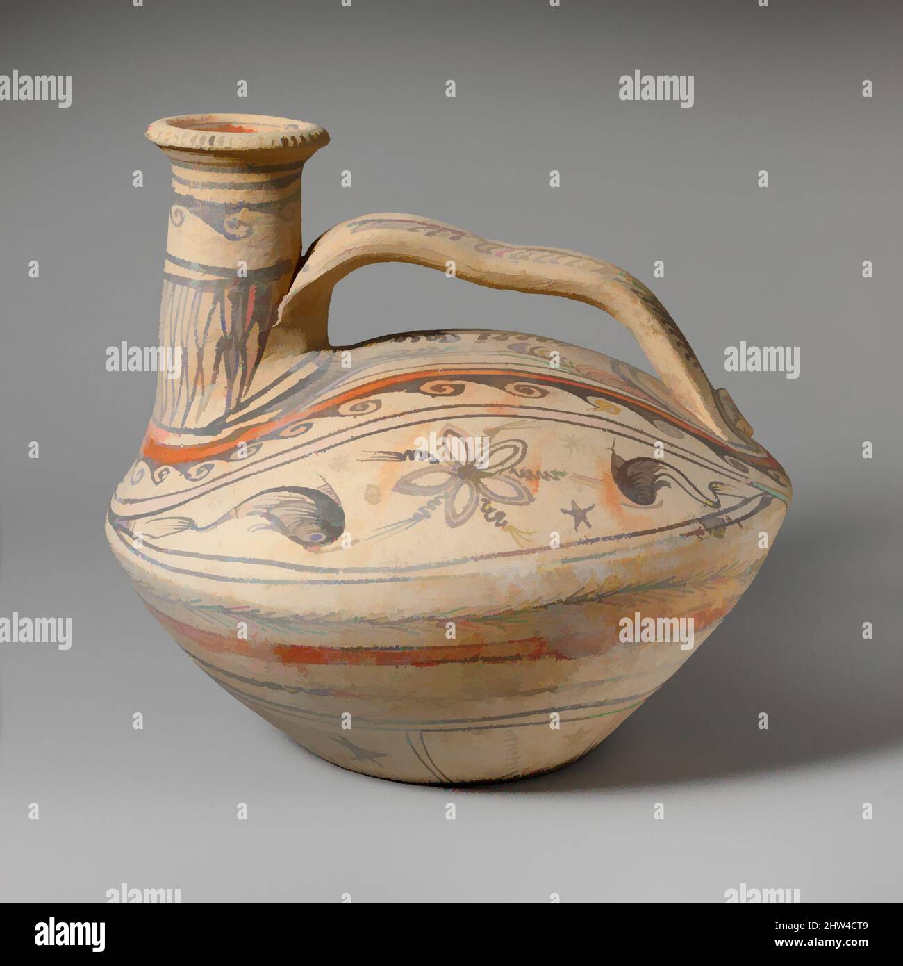 Art inspired by Terracotta askos (flask with a spout and handle over the top), Hellenistic, 3rd century B.C., Native Italian, Daunian, Canosan, Terracotta, H. 8 9/16 in. (21.7 cm), Vases, This askos represents a different but typical Daunian shape. The convex shoulder emphasizes the, Classic works modernized by Artotop with a splash of modernity. Shapes, color and value, eye-catching visual impact on art. Emotions through freedom of artworks in a contemporary way. A timeless message pursuing a wildly creative new direction. Artists turning to the digital medium and creating the Artotop NFT Stock Photo