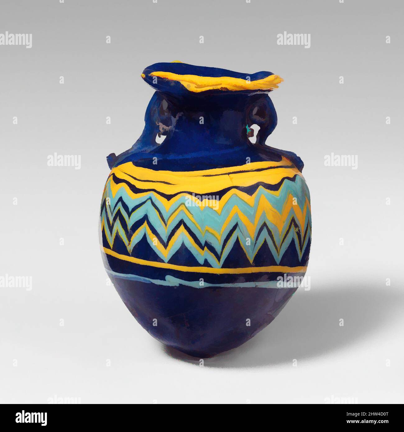 Art inspired by Glass aryballos (perfume bottle), Classical, late 6th–5th century B.C., Greek, Eastern Mediterranean, Glass; core-formed, Group I, H.: 2 13/16 in. (7.1 cm), Glass, Translucent cobalt blue, with same color handles; trails in opaque yellow and opaque turquoise blue, Classic works modernized by Artotop with a splash of modernity. Shapes, color and value, eye-catching visual impact on art. Emotions through freedom of artworks in a contemporary way. A timeless message pursuing a wildly creative new direction. Artists turning to the digital medium and creating the Artotop NFT Stock Photo