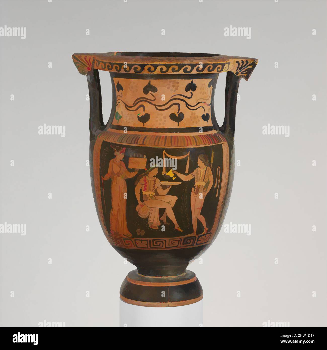 Art inspired by Terracotta column-krater (mixing bowl), Late Classical, 4th century B.C., Greek, South Italian, Apulian, Terracotta; red-figure, H. 21 9/16 in. (54.8 cm), Vases, Obverse, women and two youths in Oscan dress. Reverse, three youths, Classic works modernized by Artotop with a splash of modernity. Shapes, color and value, eye-catching visual impact on art. Emotions through freedom of artworks in a contemporary way. A timeless message pursuing a wildly creative new direction. Artists turning to the digital medium and creating the Artotop NFT Stock Photo