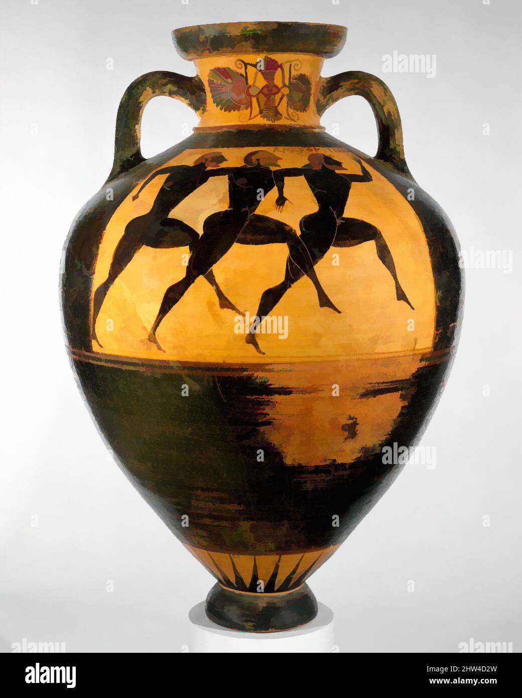 Art inspired by Terracotta Panathenaic prize amphora (jar), Archaic, ca. 560–550 B.C., Greek, Attic, Terracotta; black-figure, H. 24 5/16 in. (61.8 cm), Vases, Obverse, Athena, with this inscription: one of the prizes from Athens. Nikias made me, Reverse, footrace, with this, Classic works modernized by Artotop with a splash of modernity. Shapes, color and value, eye-catching visual impact on art. Emotions through freedom of artworks in a contemporary way. A timeless message pursuing a wildly creative new direction. Artists turning to the digital medium and creating the Artotop NFT Stock Photo