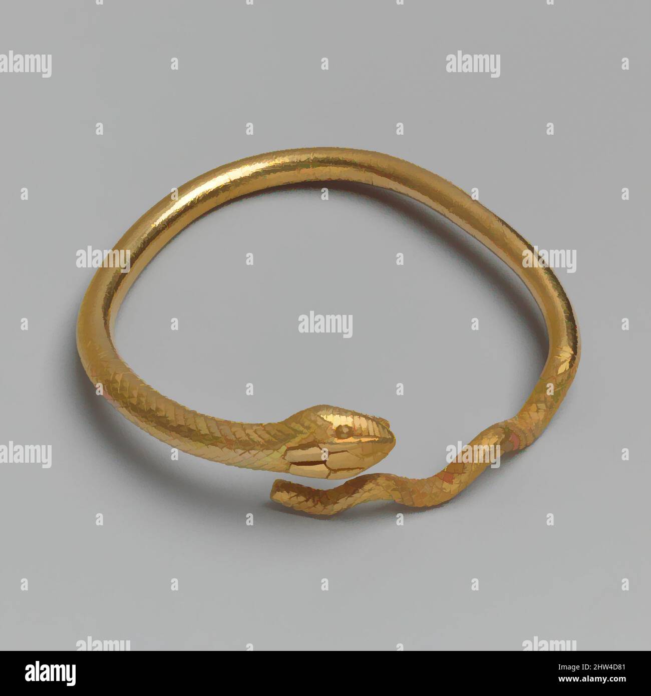 Art inspired by Gold bracelet in the form of a snake, Early Hellenistic,  ca. 300–250 B.C., Greek, Ptolemaic, Gold, 3 5/16 in. (8.5 cm), Gold and  Silver, This massive bracelet or armlet
