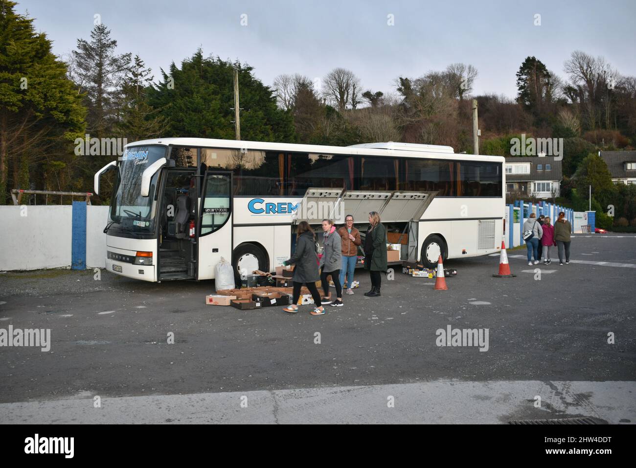 Bantry, West Cork, Ireland. 3rd Mar, 2022.  Locals in Bantry have gathered donations that filled two buses and a truck that will be brought to Poland as humanitarian aid for the Ukrainian refugees in Poland. The collection point in Bantry was organised by a local Polish woman, Alexandra Keane, who is closely working with a person involved in the Polish Red Cross. Credit: Karlis Dzjamko/Alamy Live News Stock Photo