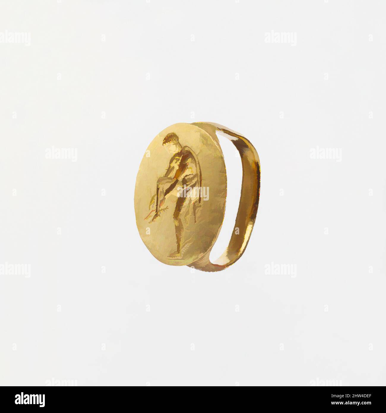 Art inspired by Gold finger ring engraved with an image of Hermes, Late Classical, late 4th century B.C., Greek, South Italian, Tarentine, Gold, Overall: 13/16 x 7/16in. (2 x 1.1cm), Gold and Silver, The broad oval bezel of this heavy gold ring is engraved with an intaglio showing the, Classic works modernized by Artotop with a splash of modernity. Shapes, color and value, eye-catching visual impact on art. Emotions through freedom of artworks in a contemporary way. A timeless message pursuing a wildly creative new direction. Artists turning to the digital medium and creating the Artotop NFT Stock Photo
