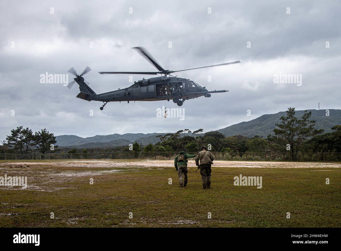 U.S. Marines and Navy corpsmen attending the Jungle Warfare Training Center’s Jungle Medicine and Communications Courses, and Airmen with 33rd Rescue Squadron conduct casualty hoist training drills with a HH-60G Pave Hawk, at Camp Gonsalves, Okinawa, Japan, Feb. 24, 2022. Service members gained first-hand experience utilizing the jungle penetrator tool, developing proficiency in safe jungle extraction techniques and procedures. (U.S. Marine Corps photo by Cpl. Diana Jimenez) Stock Photo