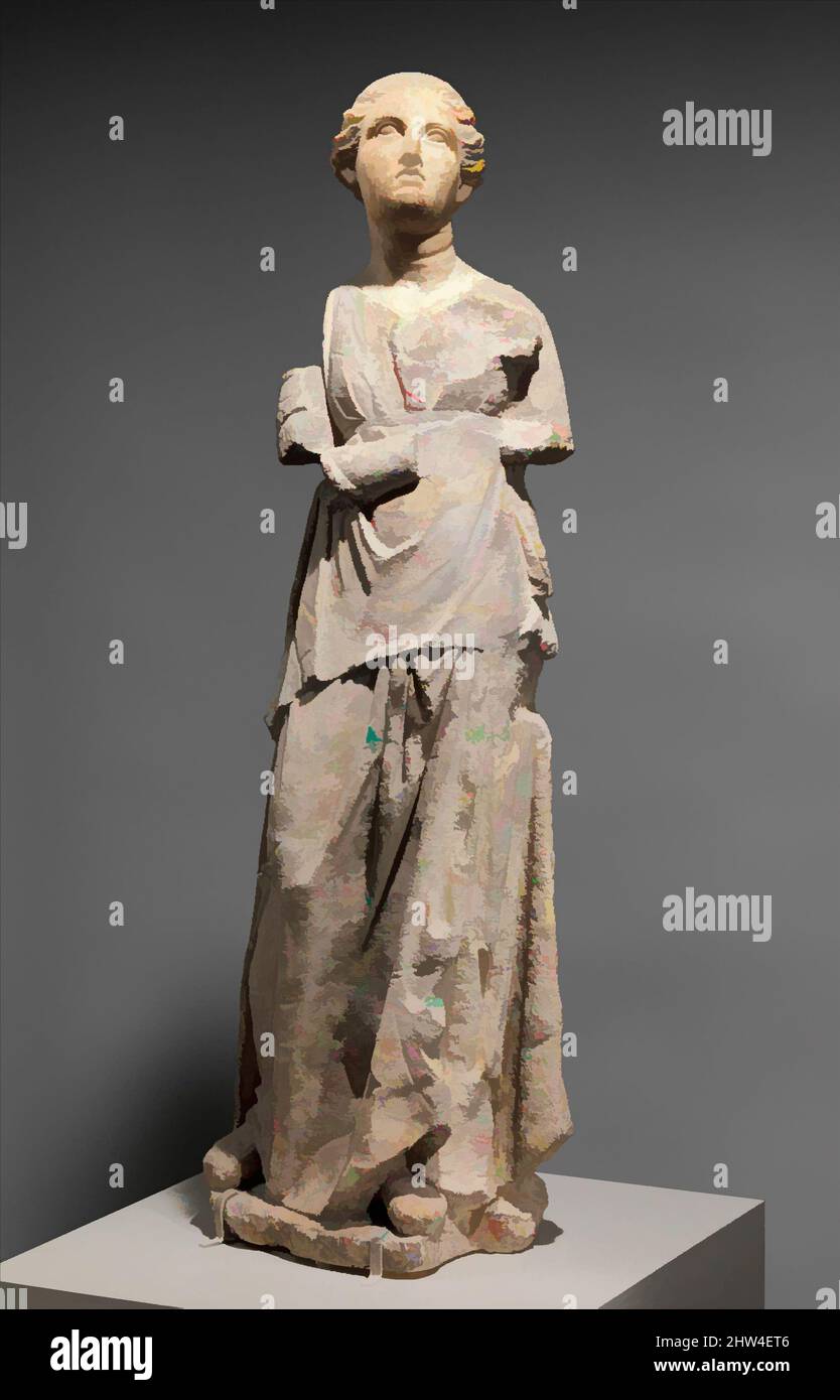 Art inspired by Marble and limestone statue of an attendant, Hellenistic, late 4th or 3rd century B.C., Greek, South Italian, Tarentine, Marble and limestone, H.: 48 7/16 in. (123 cm), Stone Sculpture, This young woman held an object in her right hand, perhaps a fan. The statue was, Classic works modernized by Artotop with a splash of modernity. Shapes, color and value, eye-catching visual impact on art. Emotions through freedom of artworks in a contemporary way. A timeless message pursuing a wildly creative new direction. Artists turning to the digital medium and creating the Artotop NFT Stock Photo