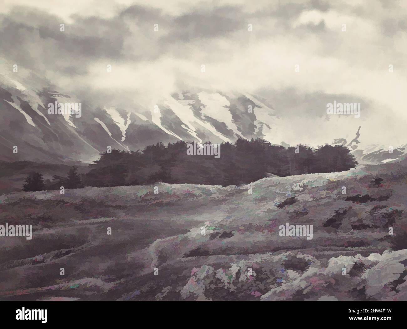 Art inspired by Distant View of the Cedars of Lebanon, ca. 1857, Albumen silver print from glass negative, Photographs, Francis Frith (British, Chesterfield, Derbyshire 1822–1898 Cannes, France, Classic works modernized by Artotop with a splash of modernity. Shapes, color and value, eye-catching visual impact on art. Emotions through freedom of artworks in a contemporary way. A timeless message pursuing a wildly creative new direction. Artists turning to the digital medium and creating the Artotop NFT Stock Photo
