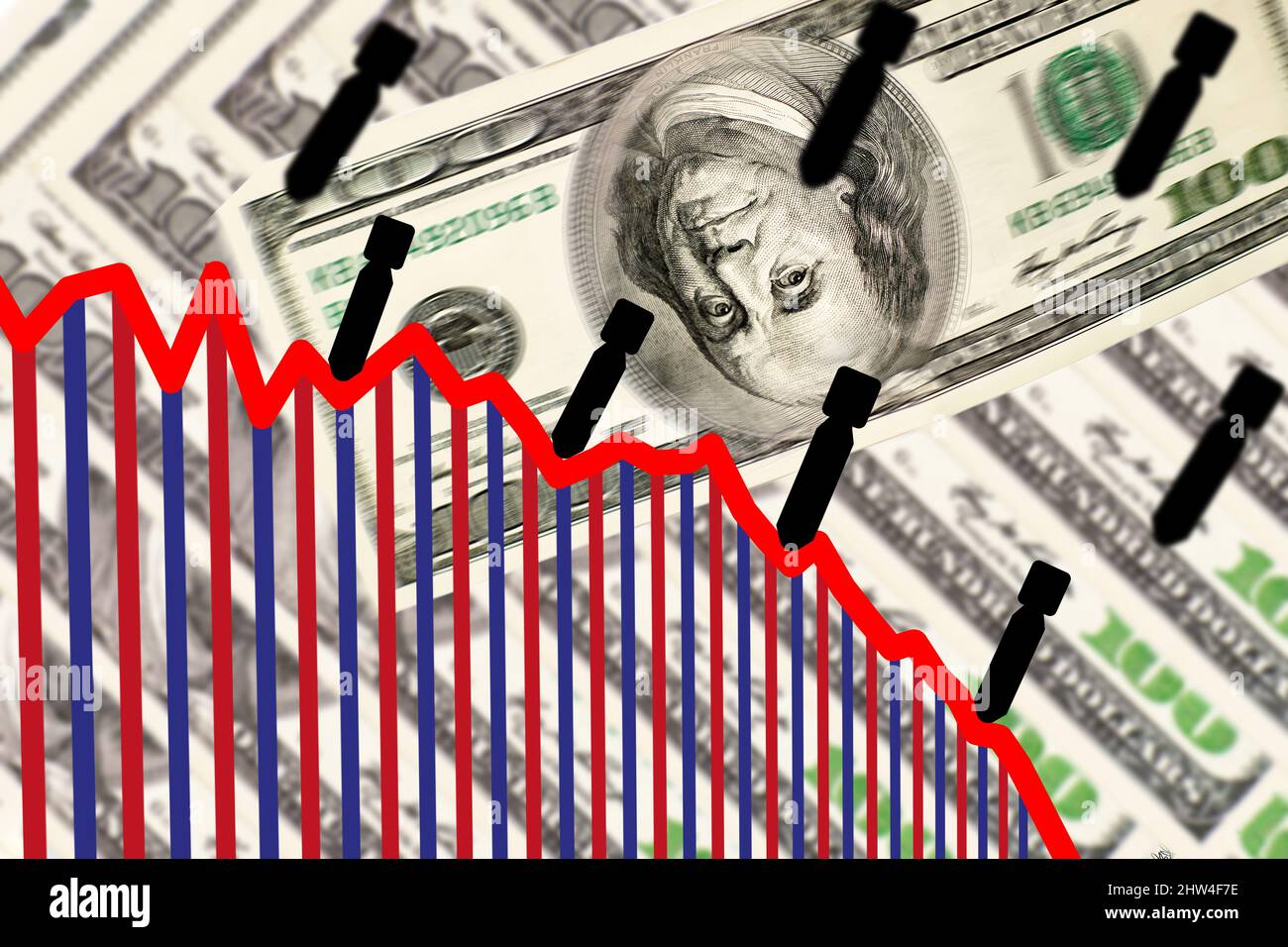 War and the fall of the dollar, inflation concept. Decreasing schedule in which the bombs fall. crisis in wartime Stock Photo