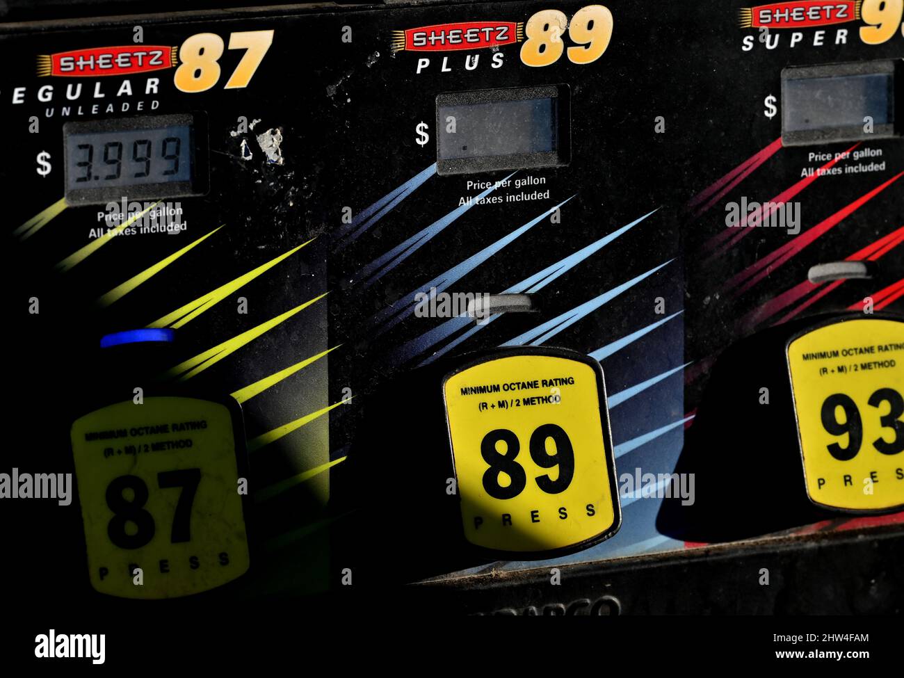 WilkesBarre, Pennsylvania, USA. 3rd Mar, 2022. A Sheetz fuel pump shows a cost of 3.99 a