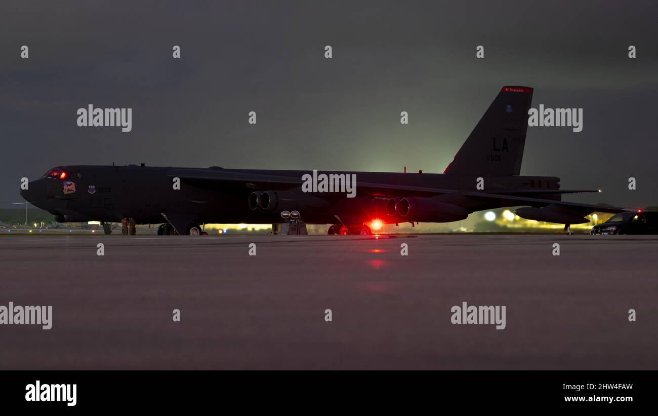 A U.S. Air Force B-52H Stratofortress from the 96th Expeditionary Squadron is inspected prior to takeoff at Andersen Air Force Base, Guam in preparation for their support to the Singapore Airshow Feb. . 17, 2022. The Air Force is committed to upholding a free and open Indo-Pacific. (U.S. Air Force Photo by Staff Sgt. Lawrence Sena) Stock Photo