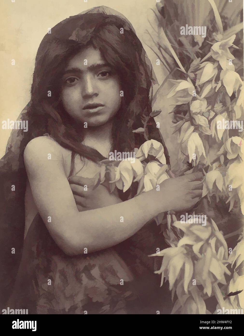 Art inspired by Young Girl with Flowers, Sicily, Italy, 1903, Albumen silver print from glass negative, 21.9 x 16.9 cm. (8 5/8 x 6 5/8 in.), Photographs, Wilhelm von Gloeden (Italian, born Germany, 1886–1931, Classic works modernized by Artotop with a splash of modernity. Shapes, color and value, eye-catching visual impact on art. Emotions through freedom of artworks in a contemporary way. A timeless message pursuing a wildly creative new direction. Artists turning to the digital medium and creating the Artotop NFT Stock Photo