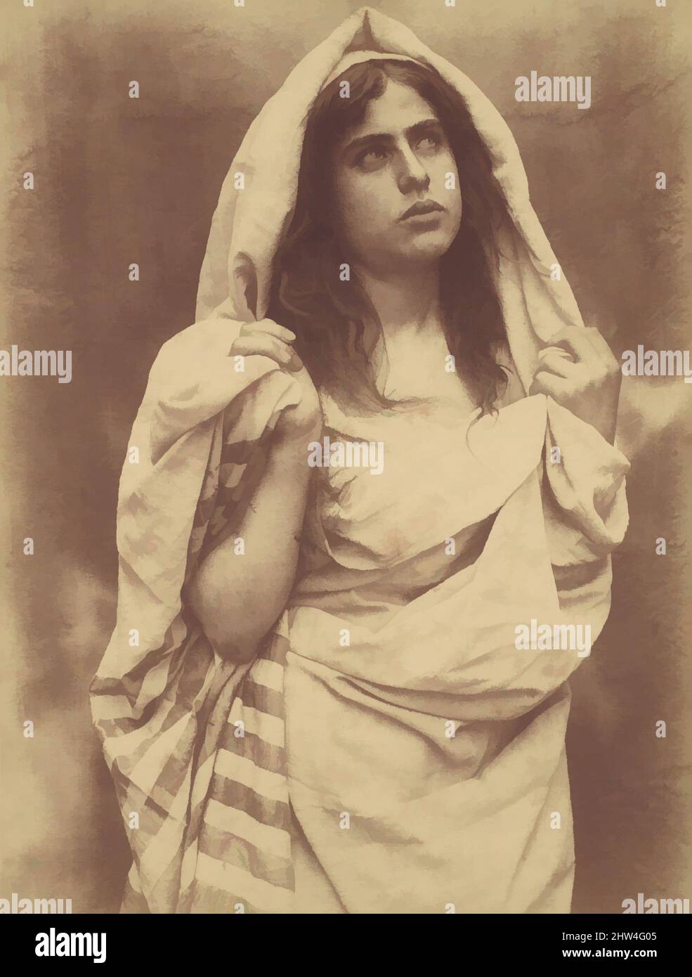 Art inspired by Young Girl Wrapped in Cloth, Sicily, Italy, 1890s–1900s, Albumen silver print from glass negative, 21.7 x 16.3 cm. (8 9/16 x 6 7/16 in.), Photographs, Wilhelm von Gloeden (Italian, born Germany, 1886–1931, Classic works modernized by Artotop with a splash of modernity. Shapes, color and value, eye-catching visual impact on art. Emotions through freedom of artworks in a contemporary way. A timeless message pursuing a wildly creative new direction. Artists turning to the digital medium and creating the Artotop NFT Stock Photo