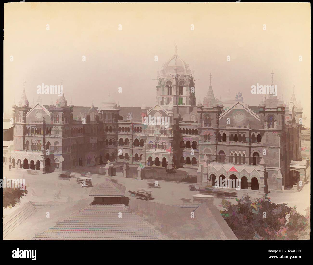 Art inspired by Victoria Terminus Building, Mumbai, 1860s–70s, Albumen silver print from glass negative, 18.3 x 23.6 cm (7 3/16 x 9 5/16 in.), Photographs, Unknown, Frederick W. Stevens designed this building for the Great Indian Peninsular Railway, to serve as its main train station, Classic works modernized by Artotop with a splash of modernity. Shapes, color and value, eye-catching visual impact on art. Emotions through freedom of artworks in a contemporary way. A timeless message pursuing a wildly creative new direction. Artists turning to the digital medium and creating the Artotop NFT Stock Photo