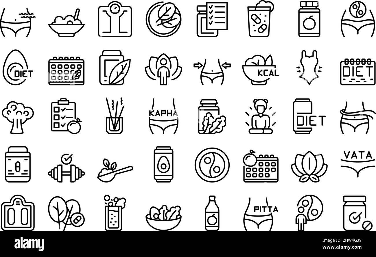 Ayurvedic diet icons set outline vector. Food eating. Cooking alternative Stock Vector