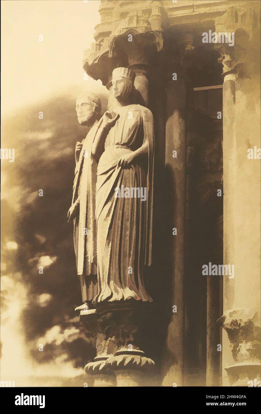 Art inspired by Large Figures on the North Porch, Chartres Cathedral, 1852, Salted paper print from paper negative, 32.8 x 22.1 cm (12 15/16 x 8 11/16 in.), Photographs, Henri-Jean-Louis Le Secq (French, Paris 1818–1882 Paris), Seen obliquely from the eye level of a cathedral visitor, Classic works modernized by Artotop with a splash of modernity. Shapes, color and value, eye-catching visual impact on art. Emotions through freedom of artworks in a contemporary way. A timeless message pursuing a wildly creative new direction. Artists turning to the digital medium and creating the Artotop NFT Stock Photo