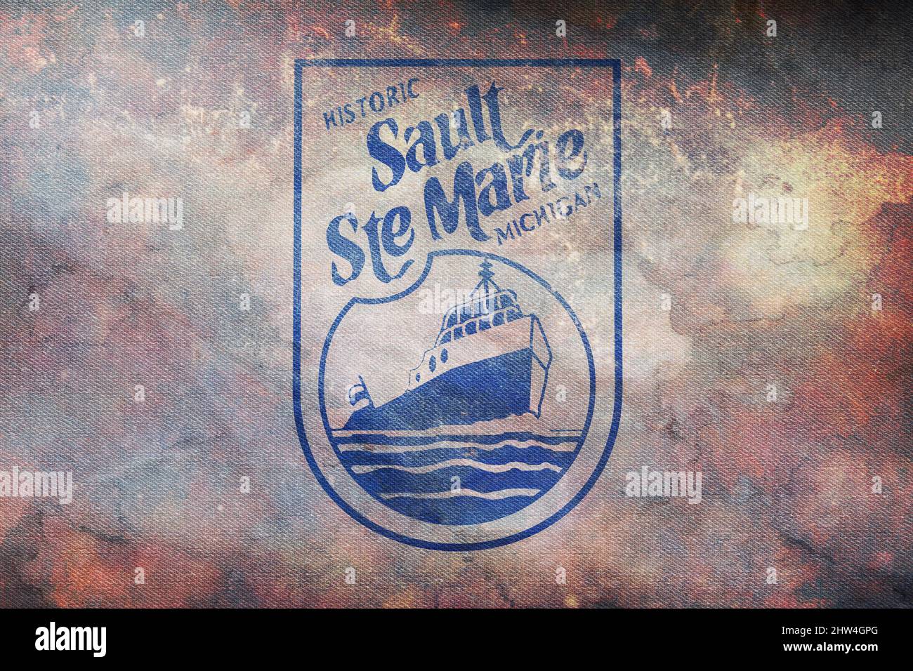 Top view of retro flag of Sault Ste. Marie, Michigan, untied states of America with grunge texture. USA patriot and travel concept. no flagpole. Plane Stock Photo