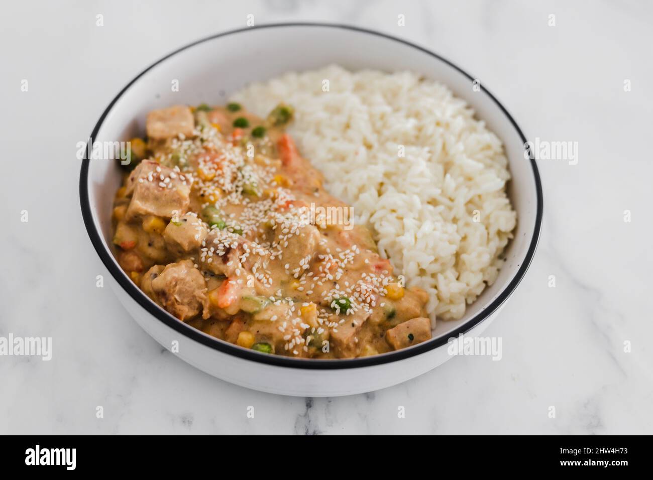 vegan satay veggie stir fry with coconut milk rice, healthy plantbased