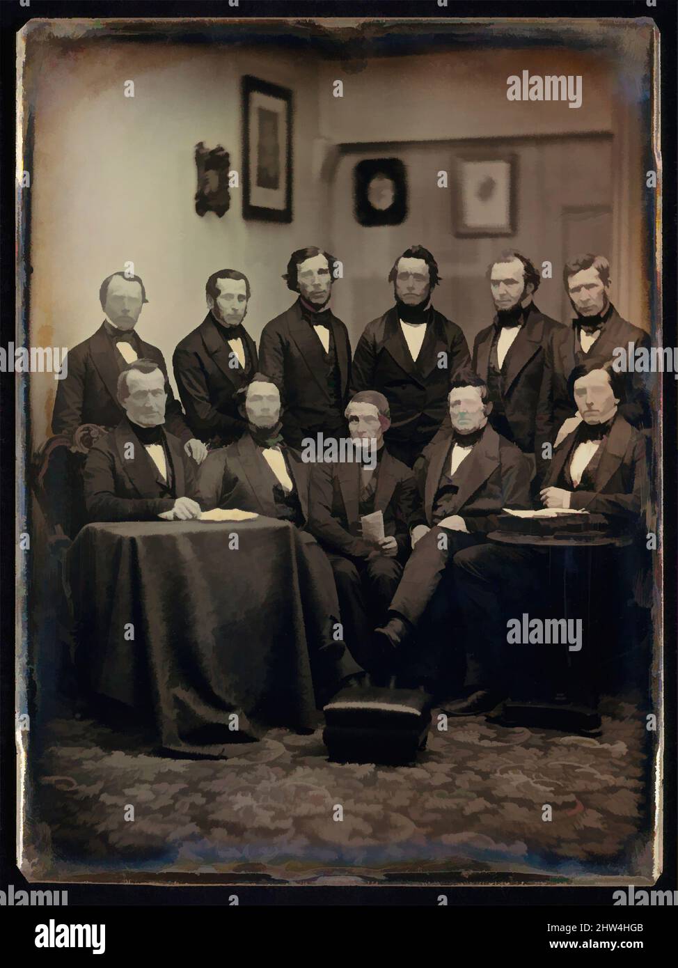 Art inspired by Boston Lawyers or Clergymen (?), ca. 1850, Daguerreotype, 16.5 x 21.6 cm (6 1/2 x 8 1/2 in.), Photographs, Albert Sands Southworth (American, West Fairlee, Vermont 1811–1894 Charlestown, Massachusetts), Josiah Johnson Hawes (American, Wayland, Massachusetts 1808–1901, Classic works modernized by Artotop with a splash of modernity. Shapes, color and value, eye-catching visual impact on art. Emotions through freedom of artworks in a contemporary way. A timeless message pursuing a wildly creative new direction. Artists turning to the digital medium and creating the Artotop NFT Stock Photo