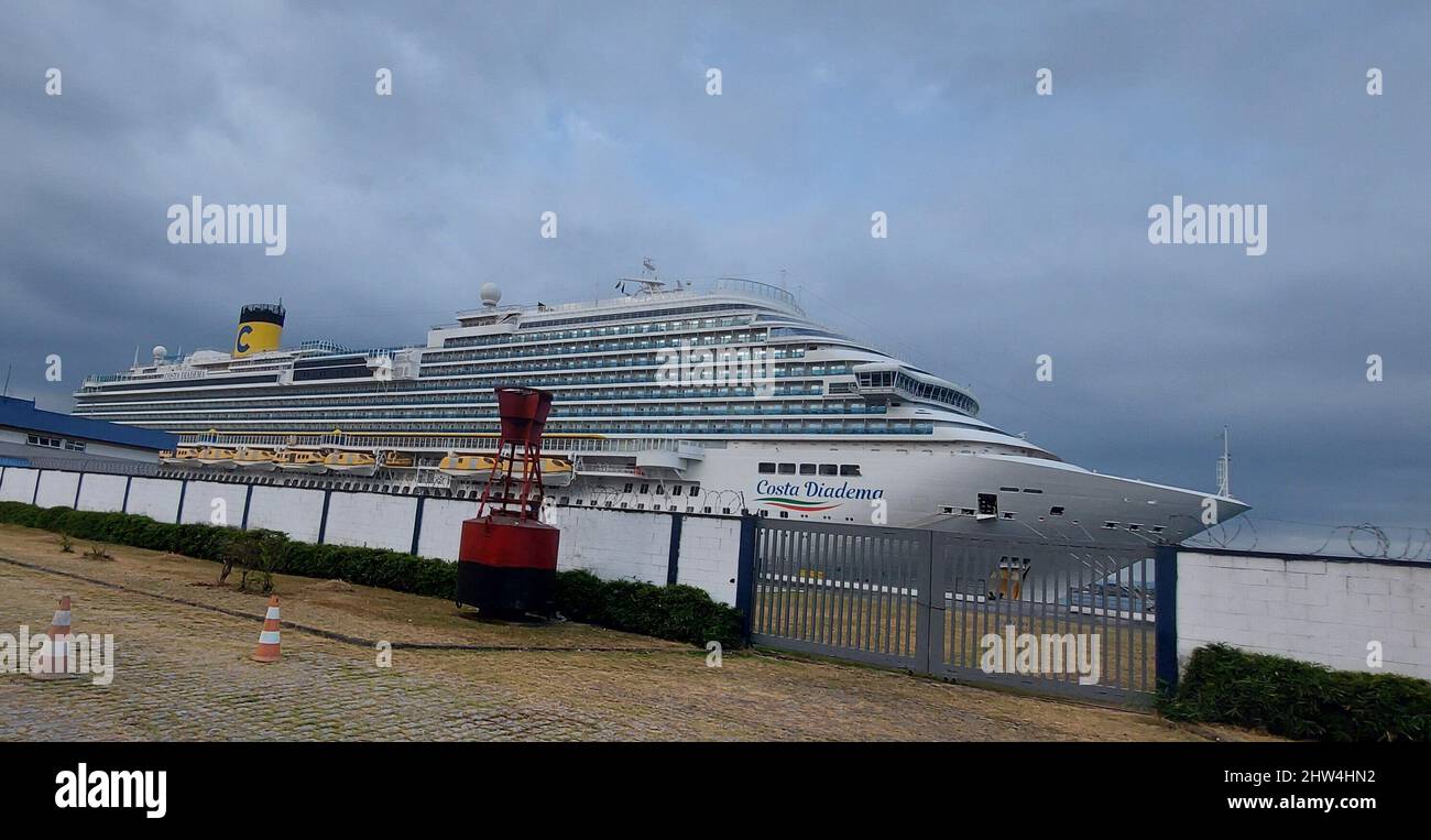 March 3, 2022, Santos, Sao Paulo, Brasil: (INT) Resumption of Cruises should take place this Saturday at Brazilian coast. March 3, 2022, Santos Sao Paulo, Brazil: After a few weeks in quarantine, passenger ships were given the green light by Anvisa to resume activities starting next Saturday, the 5th. Previously, the date would have been the 7th. But, as the shipowners requested two days in advance, the dates have been confirmed. During yesterday, the ocean liner Costa Diadema was moored at Cais da Marinha, also in Santos, for supply. He will head to the bar resuming travel the following week. Stock Photo