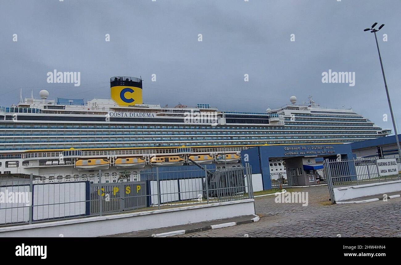 March 3, 2022, Santos, Sao Paulo, Brasil: (INT) Resumption of Cruises should take place this Saturday at Brazilian coast. March 3, 2022, Santos Sao Paulo, Brazil: After a few weeks in quarantine, passenger ships were given the green light by Anvisa to resume activities starting next Saturday, the 5th. Previously, the date would have been the 7th. But, as the shipowners requested two days in advance, the dates have been confirmed. During yesterday, the ocean liner Costa Diadema was moored at Cais da Marinha, also in Santos, for supply. He will head to the bar resuming travel the following week. Stock Photo