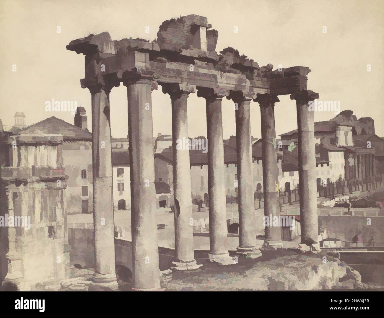 Art inspired by Temple of Concord, Rome, 1850s, Salted paper print from paper negative, Photographs, Attributed to Calvert Richard Jones (British, Swansea, Wales 1802–1877 Bath, England, Classic works modernized by Artotop with a splash of modernity. Shapes, color and value, eye-catching visual impact on art. Emotions through freedom of artworks in a contemporary way. A timeless message pursuing a wildly creative new direction. Artists turning to the digital medium and creating the Artotop NFT Stock Photo