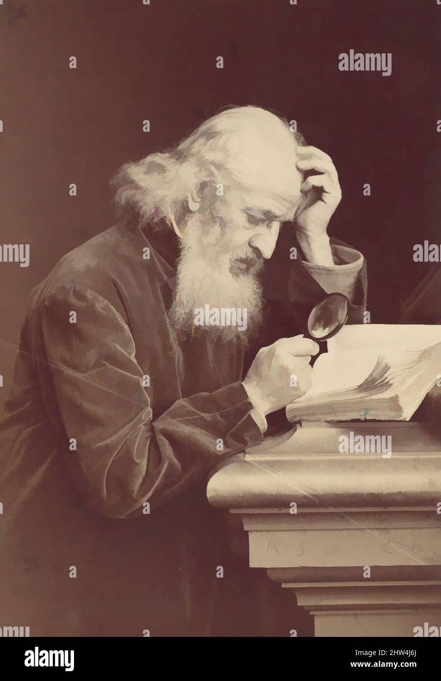 Art inspired by Bearded Man with Magnifying Glass Examining a Manuscript, 1870s, Albumen silver print from glass negative, Photographs, Antoine-Samuel Adam-Salomon (French, La Ferté-sous-Jouarre 1811–1881 Paris, Classic works modernized by Artotop with a splash of modernity. Shapes, color and value, eye-catching visual impact on art. Emotions through freedom of artworks in a contemporary way. A timeless message pursuing a wildly creative new direction. Artists turning to the digital medium and creating the Artotop NFT Stock Photo