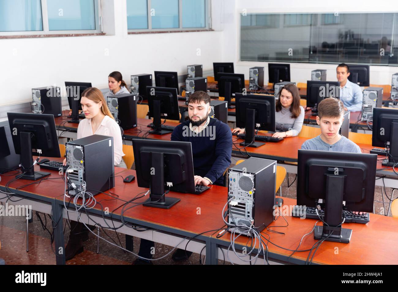 Computer lessons for adults in classroom Stock Photo