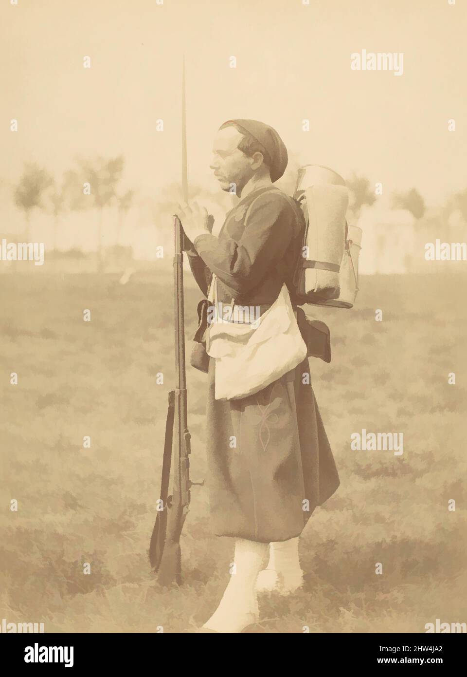 Art inspired by Soldier Posed with Rifle and Bayonette, 1880s–90s, Gelatin silver print, Photographs, Unknown (French, Classic works modernized by Artotop with a splash of modernity. Shapes, color and value, eye-catching visual impact on art. Emotions through freedom of artworks in a contemporary way. A timeless message pursuing a wildly creative new direction. Artists turning to the digital medium and creating the Artotop NFT Stock Photo