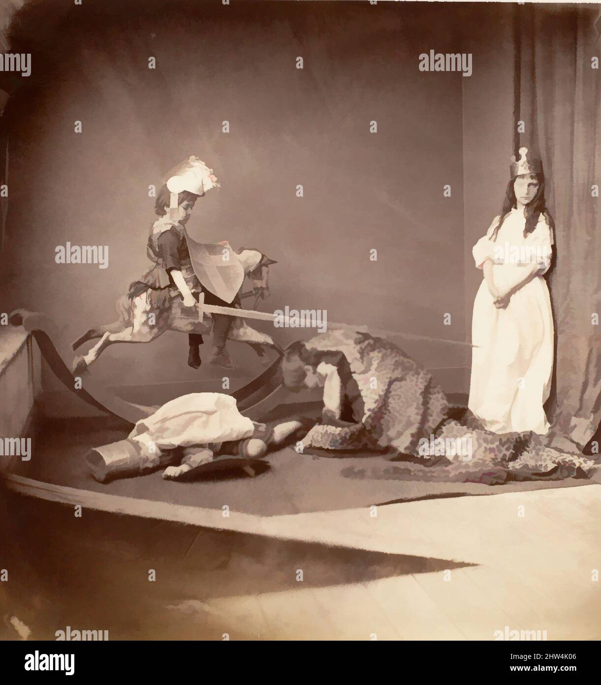 Art inspired by St. George and the Dragon, June 26, 1875, Albumen silver print from glass negative, Image: 11.7 × 16 cm (4 5/8 × 6 5/16 in.), Photographs, Lewis Carroll (British, Daresbury, Cheshire 1832–1898 Guildford), In 1872, Carroll had a studio built above his rooms at Christ, Classic works modernized by Artotop with a splash of modernity. Shapes, color and value, eye-catching visual impact on art. Emotions through freedom of artworks in a contemporary way. A timeless message pursuing a wildly creative new direction. Artists turning to the digital medium and creating the Artotop NFT Stock Photo