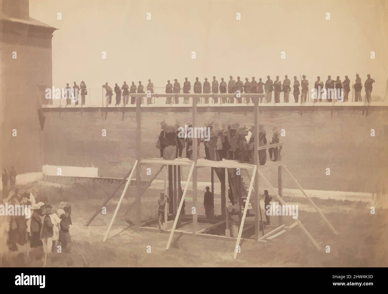 Art inspired by Execution of the Conspirators, July 7, 1865, Albumen silver print from glass negative, Image: 16.8 x 24.2 cm (6 5/8 x 9 1/2 in.), Photographs, Alexander Gardner (American, Glasgow, Scotland 1821–1882 Washington, D.C.), Alexander Gardner's intimate involvement in the, Classic works modernized by Artotop with a splash of modernity. Shapes, color and value, eye-catching visual impact on art. Emotions through freedom of artworks in a contemporary way. A timeless message pursuing a wildly creative new direction. Artists turning to the digital medium and creating the Artotop NFT Stock Photo