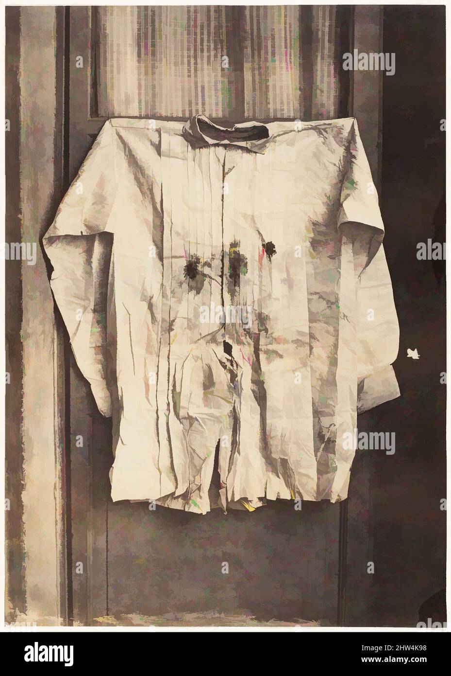 Art inspired by The Shirt of the Emperor, Worn during His Execution, 1867, Albumen silver print from glass negative, Image: 22.2 × 15.8 cm (8 3/4 × 6 1/4 in.), Photographs, François Aubert (French, 1829–1906), This grisly photograph depicts the bullet-riddled shirt of the Austrian, Classic works modernized by Artotop with a splash of modernity. Shapes, color and value, eye-catching visual impact on art. Emotions through freedom of artworks in a contemporary way. A timeless message pursuing a wildly creative new direction. Artists turning to the digital medium and creating the Artotop NFT Stock Photo